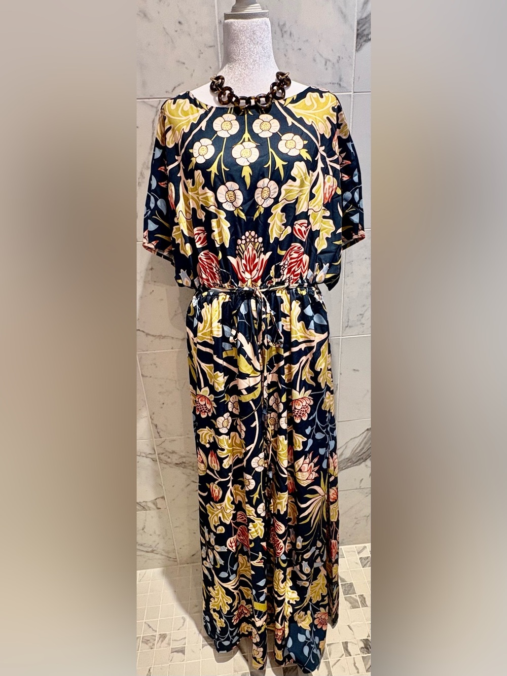 Navy Floral Tie-Waist Maxi Dress